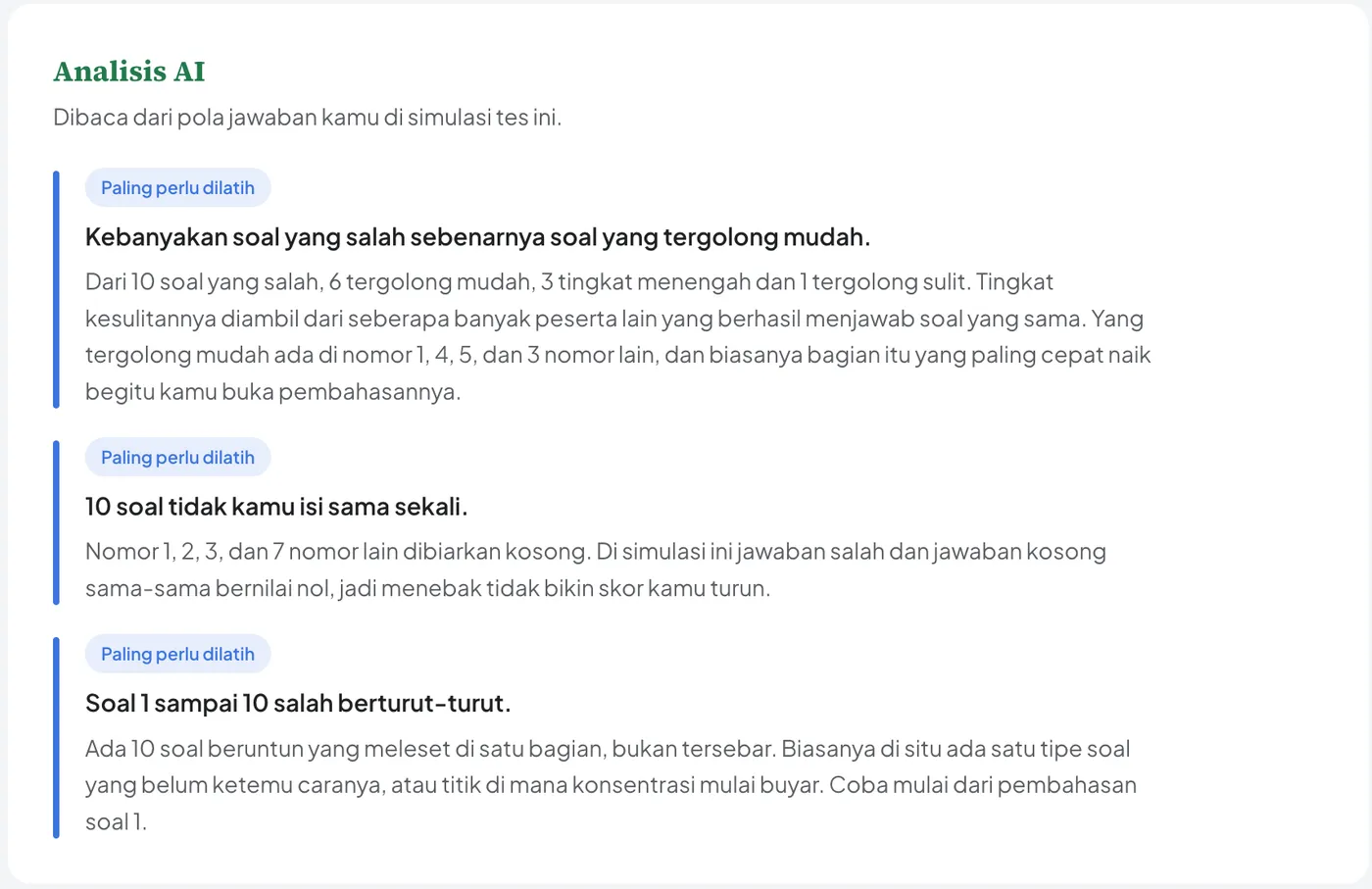 Panel Performa yang membaca pola jawaban di satu simulasi tes