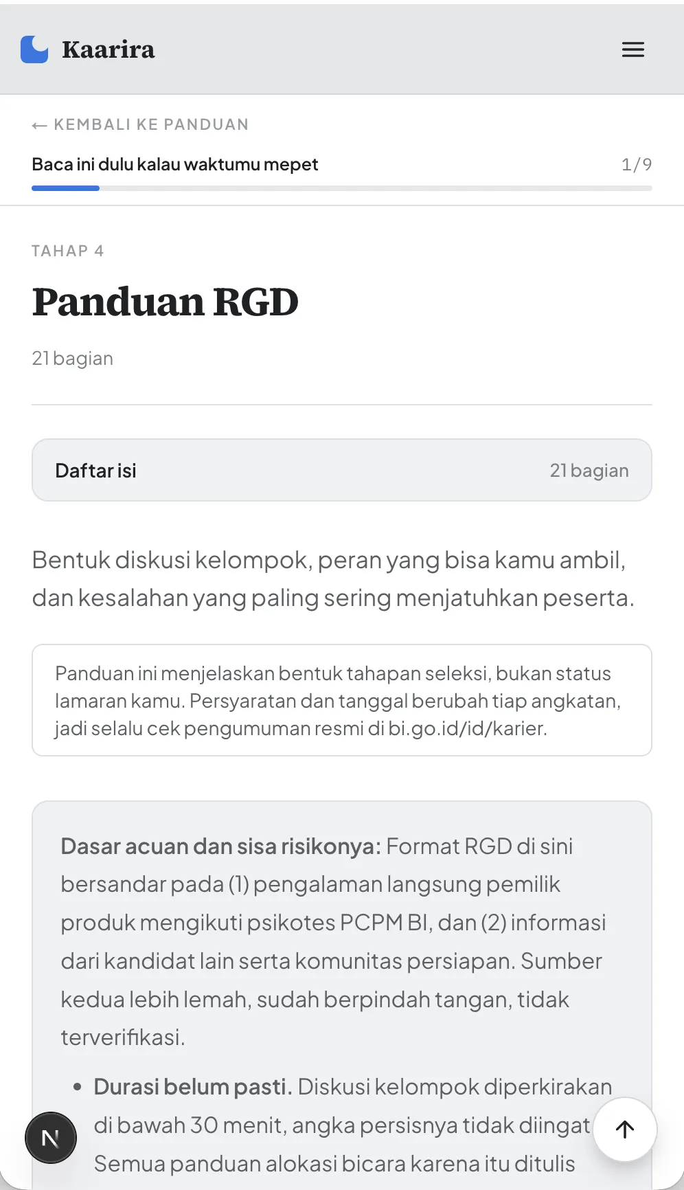 Panduan tahap seleksi dengan daftar isinya