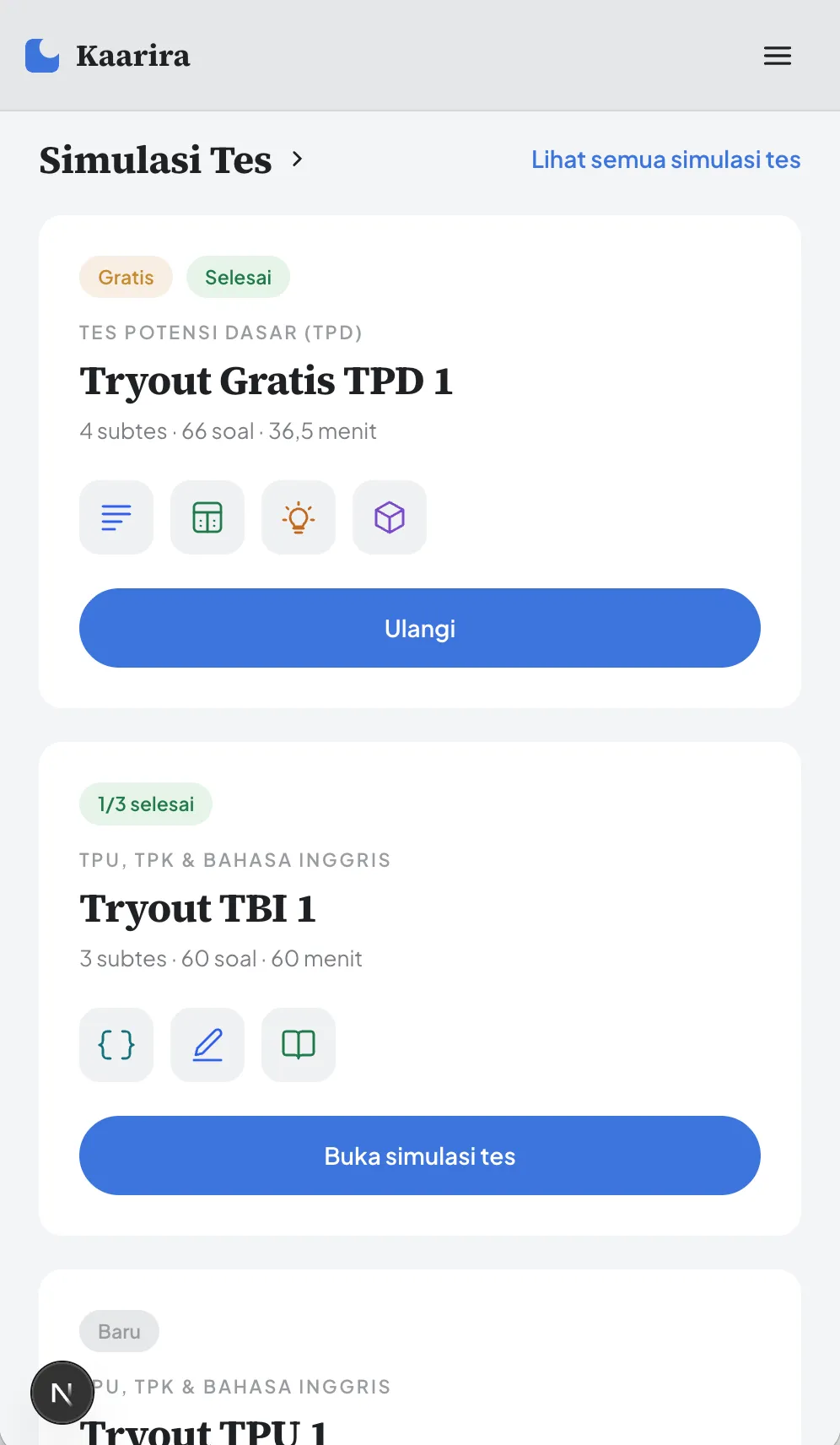 Daftar simulasi tes beserta jumlah soal dan durasinya